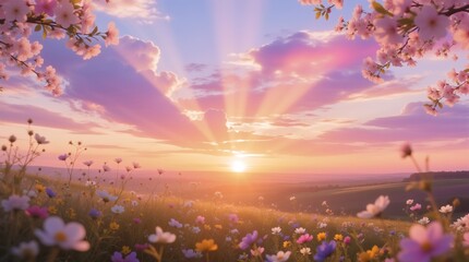 Blooming cherry blossoms frame a radiant sunset over a wildflower meadow, casting warm golden rays across the dreamy landscape.