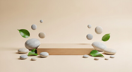 Wooden platform with floating stones and leaves on a beige backdrop