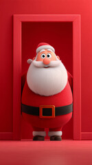 Santa Claus stands beside the poster in front of the red door