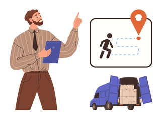 Man holding clipboard pointing at a route map with a location marker, loaded van ready for delivery. Ideal for logistics, management, courier services, transport, planning, business efficiency