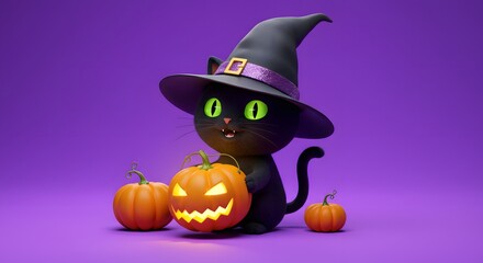Animated black cat with green eyes wearing a witch hat, holding a jack-o'-lantern, with pumpkins