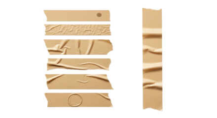 Isolated set of tan tape pieces, adhesive strips, masking tape, paper adhesive for crafts, surface