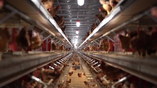 Interior view of an industrial poultry farm with many chickens inside a modern multi-level aviary