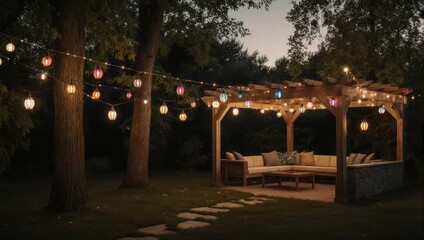 Obraz premium Cozy Backyard Pergola Lit with String Lights at Dusk.