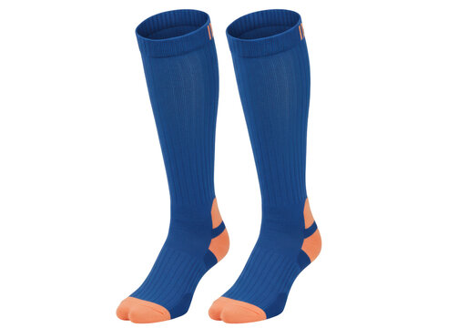 Isolated blue compression socks, sports apparel accessories for athletes and runners