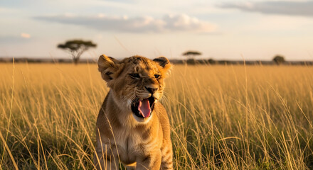 Wild Lion Cub Yawning in Golden Savanna.