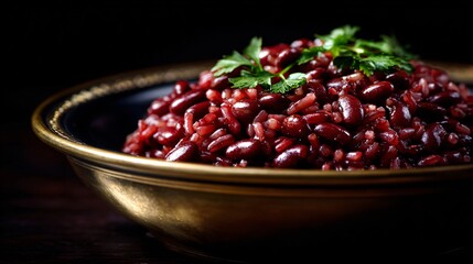 Elegant plated red beans and rice, golden rim dish, dramatic dark background, copy space