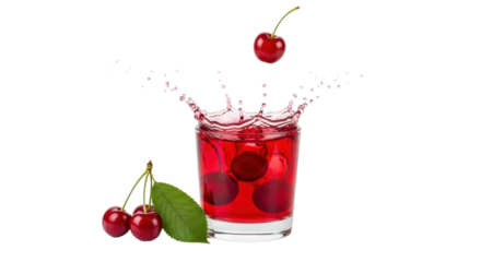 Isolated cherry juice splash with cherry stem above a glass of red cherry juice drink