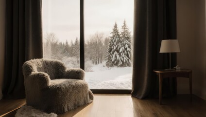 Fototapeta premium Cozy Armchair Overlooking Snowy Winter Landscape Through Large Window.