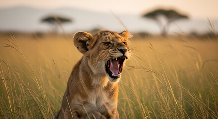 Young Lion Cub Roaring in Golden Savanna.