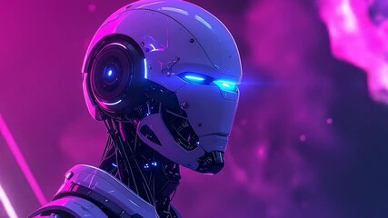 A futuristic robot with glowing blue eyes and sleek white armor against a vibrant purple and magenta neon background - Powered by Adobe