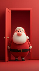 Santa Claus stands beside the poster in front of the red door