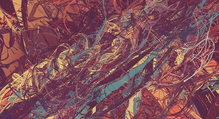 Abstract, complex web of interwoven lines, angular shapes, and varying colors creates depth