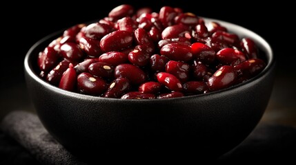 Red beans and rice in black ceramic bowl, spotlight dramatic studio light, dark background, copy space