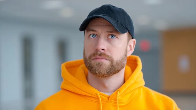 Man male adult with beard and blue eye wearing yellow hoodie and black cap indoors, casual fashion style, thoughtful and serious look, relaxed atmosphere, soft natural light, blurred background