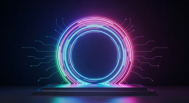Glowing neon circle portal with platform and abstract lines design