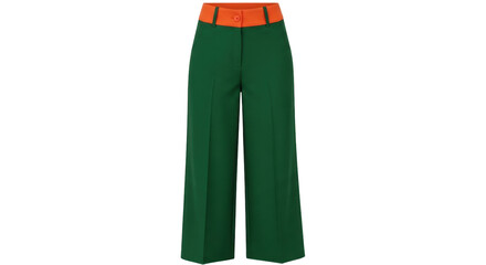 Isolated green pants with orange waistband for women against plain backdrop, fashion apparel