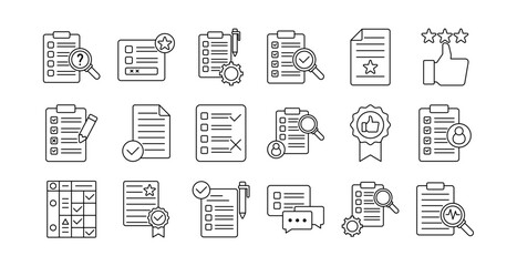 Assessment icon set collection in outline style. Icon pack contains assessment, evaluation, test, quiz, grade, score, mark, rating, review, analysis