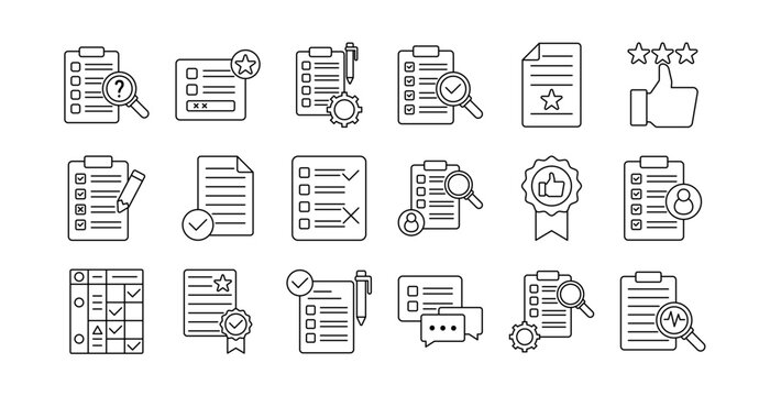 Assessment icon set collection in outline style. Icon pack contains assessment, evaluation, test, quiz, grade, score, mark, rating, review, analysis