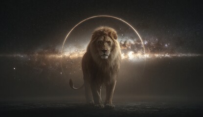 Majestic lion portrait against cosmic background illustrative concept