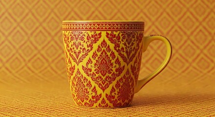 Ornate Yellow Mug with Thai Design.