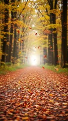 Obraz premium Autumn Forest Path with Falling Leaves and Golden Light View