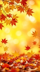 Obraz premium Autumn leaves falling with bright yellow bokeh background fall season