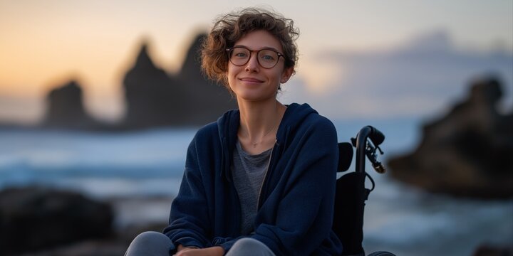 Young caucasian female in wheelchair enjoying sunset at beach with rock formations - Powered by Adobe