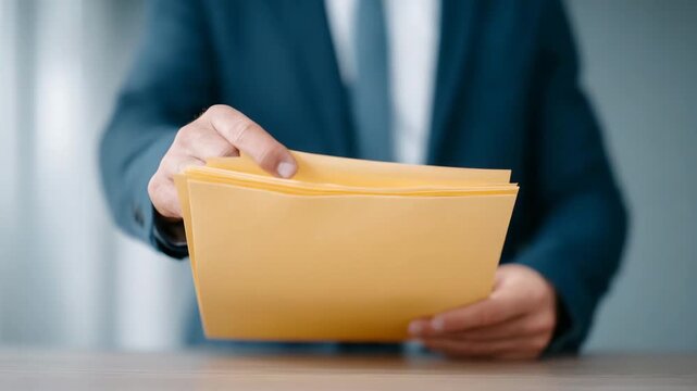 Businessman holding yellow folder document management office paperwork professional suit close up hand corporate environment administrative task organization formal attire confident gesture