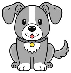 Cartoon dog illustration of a grey and white dog with a golden collar sitting.