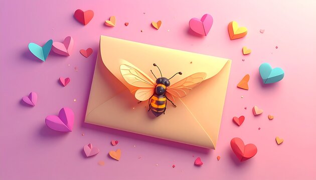 An envelope with a bee and colorful paper hearts on a soft pink surface - Powered by Adobe