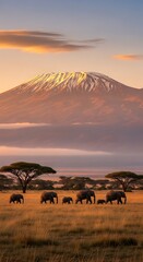 African Elephants at Sunrise with Mountain.