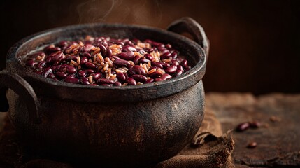 Rustic cast iron pot filled with red beans and rice, warm terracotta backdrop, copy space