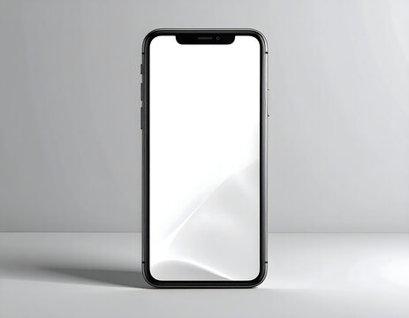 A black smartphone with a blank white screen is displayed on a light grey surface, casting a soft shadow.