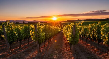 Naklejka premium Vineyard rows bathed in golden sunset light stretching towards distant hills image