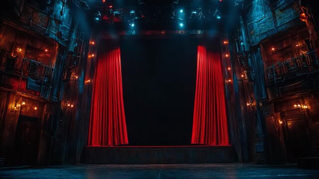 A stage with a red curtain lit up with bright lights, perfect for concert or theater backgrounds