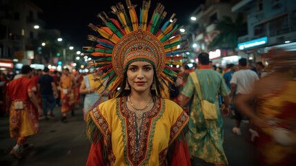 Fototapeta premium A woman wearing a vibrant headdress and costume participates in a lively nighttime cultural festival parade with many people in attendance