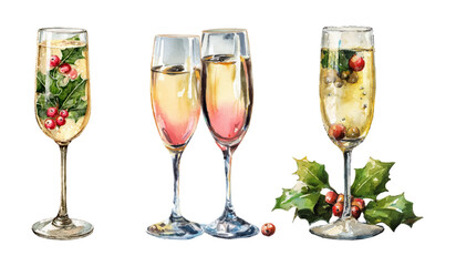 Watercolor set of vintage champagne glasses. Glasses with mulled wine and berries. Christmas chapatti. Retro alcoholic drinks in glasses. Merry Christmas.