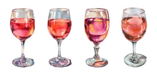 Watercolor set of glasses of rose wine. Glass goblet with rose wine. Vintage bar elements. Hand drawn illustration with alcoholic drinks in glasses. Vector illustration.