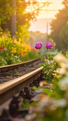 Obraz premium Sunset blooms on railway tracks
