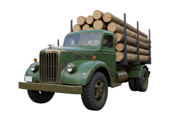 Isolated Timber Truck transporting Lumber Logs, Classic Green Truck for Hauling Wood