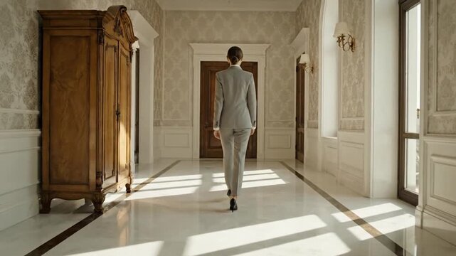 Elegant Woman Walking in Light Gray Suit in Creamy White Hallway with Marble Floor and Sunlight Streaming Through Windows in Business Theme Video Around 190 Characters