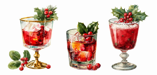 Watercolor set of Christmas cocktails. Vintage alcoholic drinks in glasses decorated with holly branches. Retro Christmas drinks. Bar elements. Vector illustration.