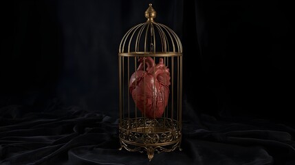 A realistic, anatomically correct human heart is encased within an ornate, antique golden bird cage. The cage's delicate bars cast subtle shadows against a deep, velvety black background.