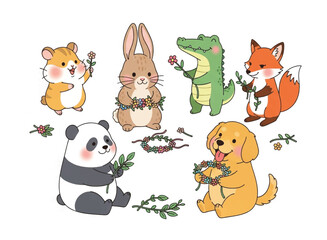 Obraz premium Cute Cartoon Animals Making Flower Wreaths Panda Fox Rabbit Dog Hamster Alligator Adorable Illustration for Children s Designs