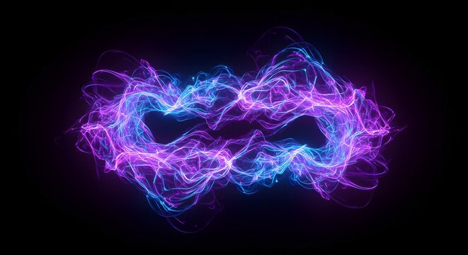 An ethereal, glowing, infinity-shaped energy field in vibrant blues and purples, set against black