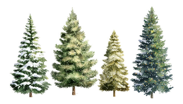 Set of green Christmas trees. Watercolor coniferous trees with snow-covered branches. Christmas trees. Snow-covered trees. Vector illustration.