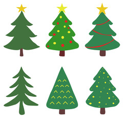Set of six cute cartoon-style Christmas trees with stars, ornaments, and simple decorations in green tones, perfect for festive holiday design and illustration projects.