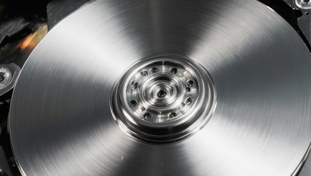 Close-up of a hard drive platter showing its reflective surface.