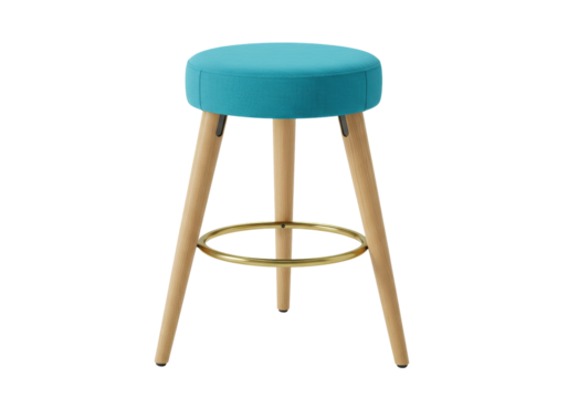 Isolated round bar stool with turquoise cushioned seat and wooden legs on a clean backdrop - Powered by Adobe